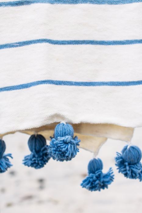JUST ADDED - Moroccan Pom Pom Blanket - Sky Blue / Cream Multi Stripe - Premium Wool Size Medium 98 X 59 Retails $70 [Photo 3]