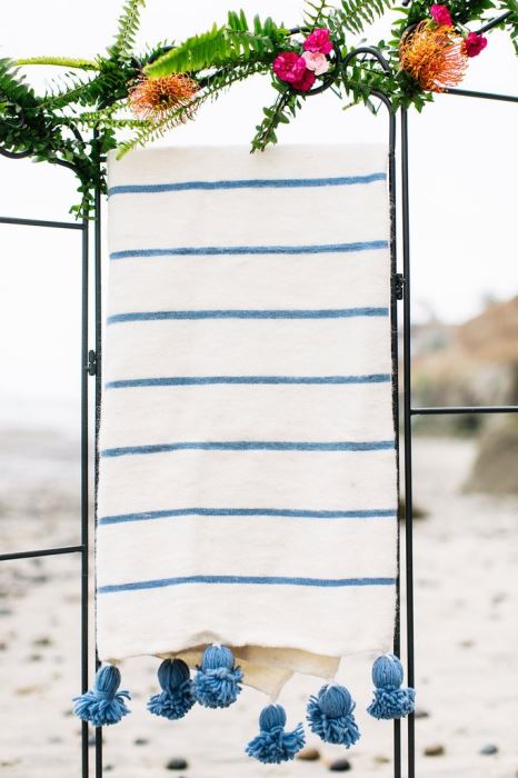 JUST ADDED - Moroccan Pom Pom Blanket - Sky Blue / Cream Multi Stripe - Premium Wool Size Medium 98 X 59 Retails $70 [Photo 2]