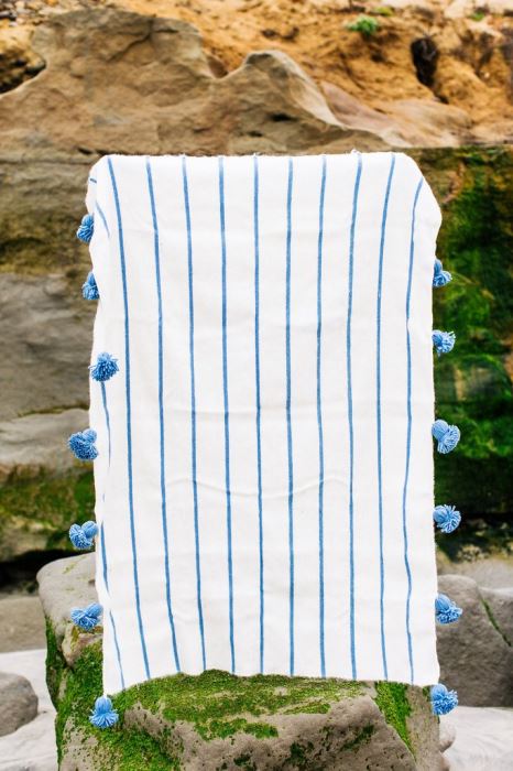 JUST ADDED - Moroccan Pom Pom Blanket - Sky Blue / Cream Multi Stripe - Premium Wool Size Large 118 X 79 Retails $90 [Photo 1]