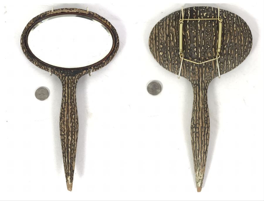 Vintage Faux Antler Wooden Hand Mirror Beveled Glass With Metal Holder For Hanging On Wall 12 X 7 [Photo 1]