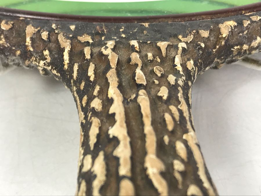 Vintage Faux Antler Wooden Hand Mirror Beveled Glass With Metal Holder For Hanging On Wall 12 X 7 [Photo 6]