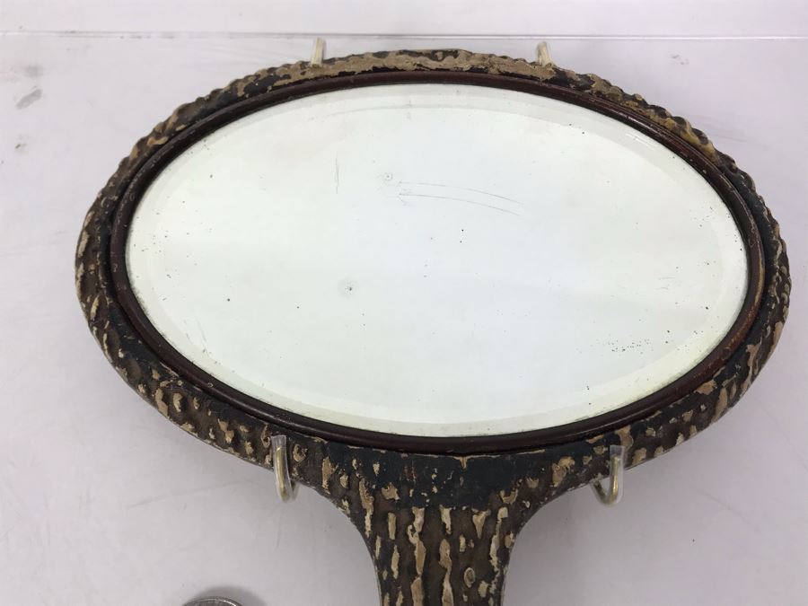 Vintage Faux Antler Wooden Hand Mirror Beveled Glass With Metal Holder For Hanging On Wall 12 X 7 [Photo 4]