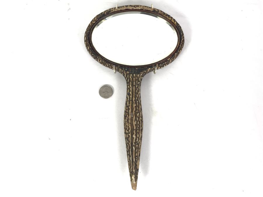 Vintage Faux Antler Wooden Hand Mirror Beveled Glass With Metal Holder For Hanging On Wall 12 X 7 [Photo 2]