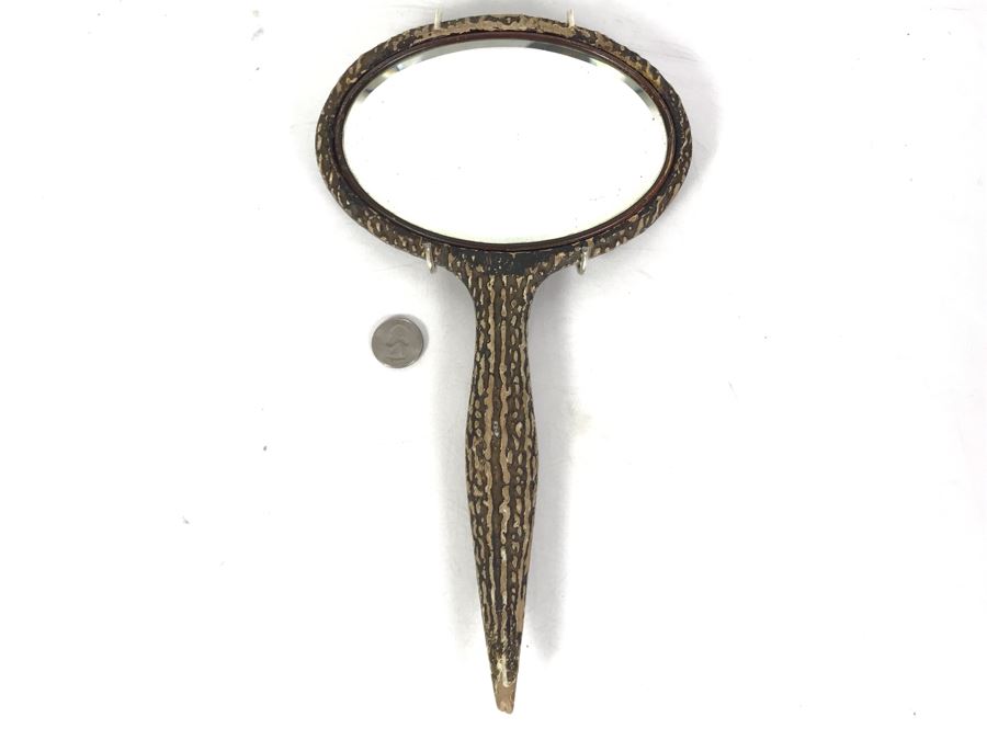 Vintage Faux Antler Wooden Hand Mirror Beveled Glass With Metal Holder For Hanging On Wall 12 X 7 [Photo 3]
