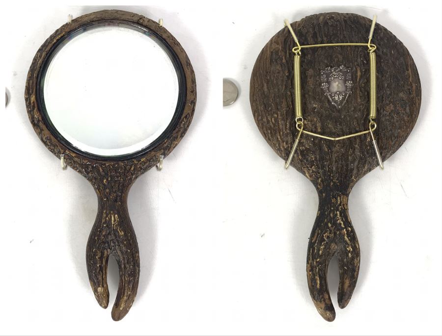Vintage Faux Antler Wooden Hand Mirrors Beveled Glass And Silver Embellishment On Back For Monogramming Comes With Metal Holder For Hanging On Wall 10 X 6 [Photo 1]