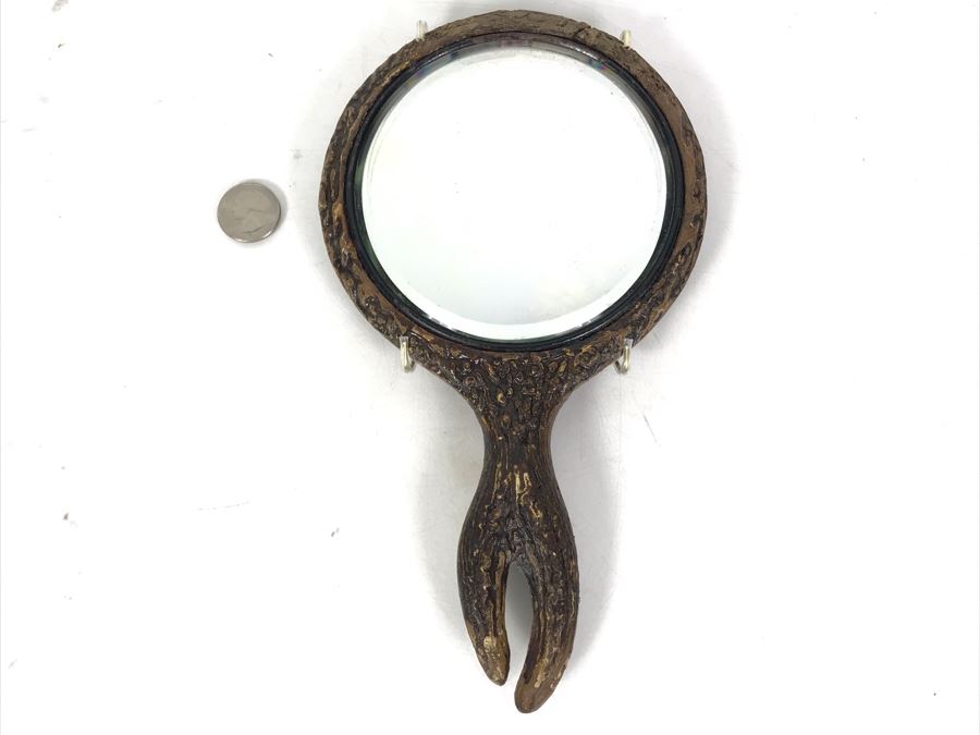 Vintage Faux Antler Wooden Hand Mirrors Beveled Glass And Silver Embellishment On Back For Monogramming Comes With Metal Holder For Hanging On Wall 10 X 6 [Photo 2]