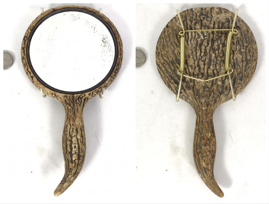 Vintage Faux Antler Wooden Hand Mirror Beveled Glass With Metal Holder For Hanging On Wall 9 X 5