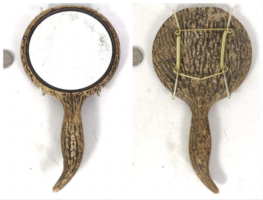 Vintage Faux Antler Wooden Hand Mirror Beveled Glass With Metal Holder For Hanging On Wall 9 X 5 [Photo 1]