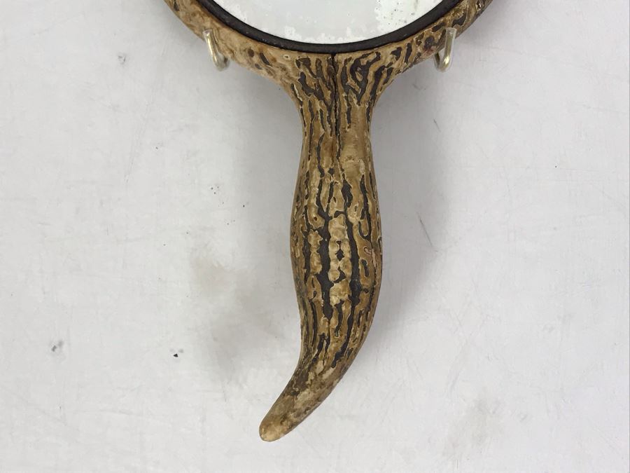 Vintage Faux Antler Wooden Hand Mirror Beveled Glass With Metal Holder For Hanging On Wall 9 X 5 [Photo 3]