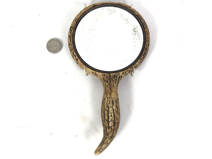 Vintage Faux Antler Wooden Hand Mirror Beveled Glass With Metal Holder For Hanging On Wall 9 X 5 [Photo 2]