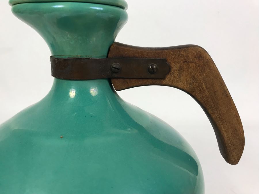 Vintage Bauer Los Angeles Pottery Jade Green Teapot Pitcher With Wooden And Copper Handle 7W X 9.5H [Photo 3]