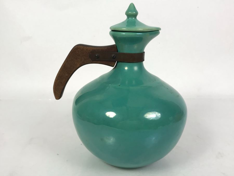 Vintage Bauer Los Angeles Pottery Jade Green Teapot Pitcher With Wooden And Copper Handle 7W X 9.5H [Photo 8]