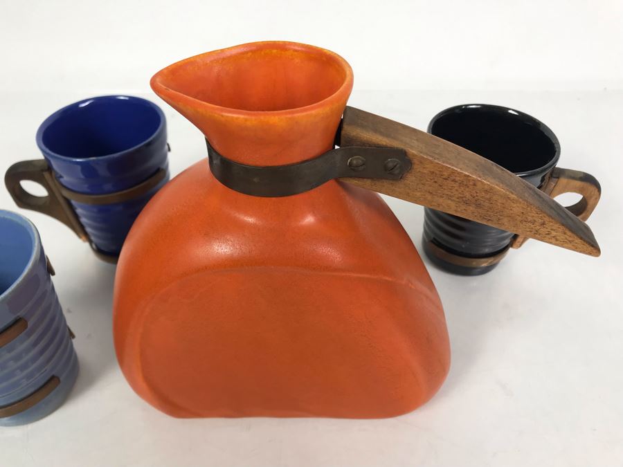 Mid-Century Modern Orange Pitcher 6.5H And Set Of (5) Colored Cups 3.5H All With Wooden And Copper Handles Unsigned Believed To Be Pacific California Pottery [Photo 8]