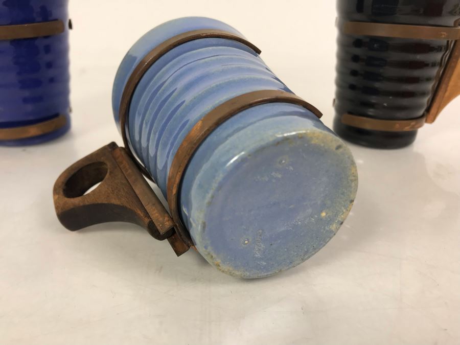 Mid-Century Modern Orange Pitcher 6.5H And Set Of (5) Colored Cups 3.5H All With Wooden And Copper Handles Unsigned Believed To Be Pacific California Pottery [Photo 12]