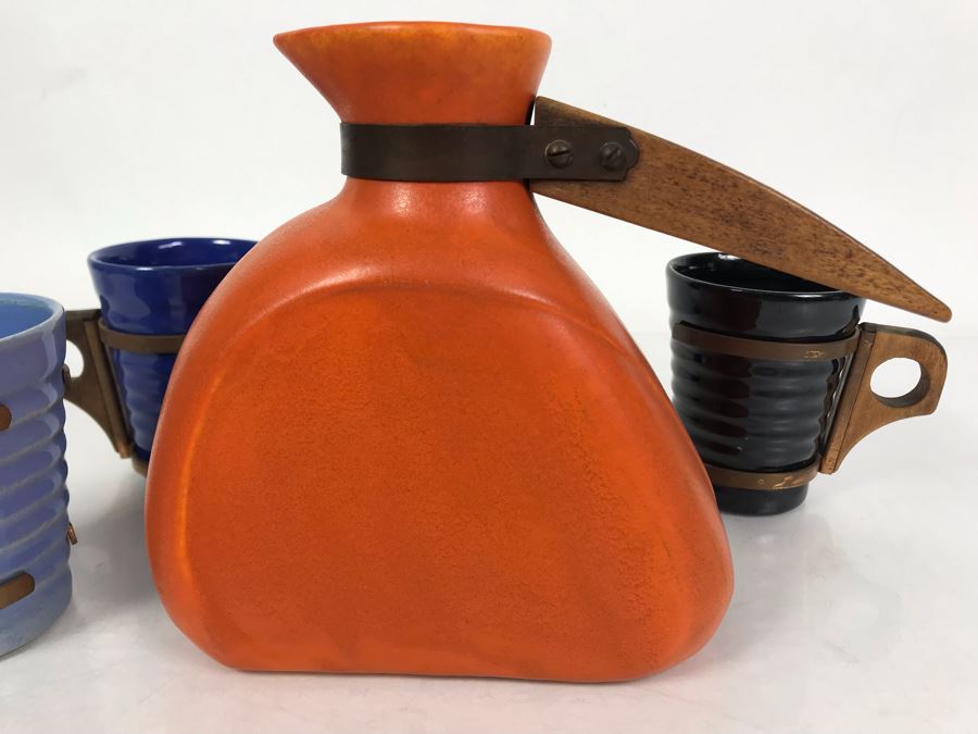 Mid-Century Modern Orange Pitcher 6.5H And Set Of (5) Colored Cups 3.5H All With Wooden And Copper Handles Unsigned Believed To Be Pacific California Pottery [Photo 7]