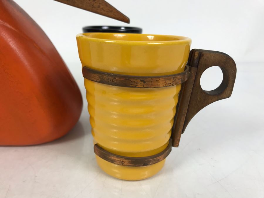 Mid-Century Modern Orange Pitcher 6.5H And Set Of (5) Colored Cups 3.5H All With Wooden And Copper Handles Unsigned Believed To Be Pacific California Pottery [Photo 6]