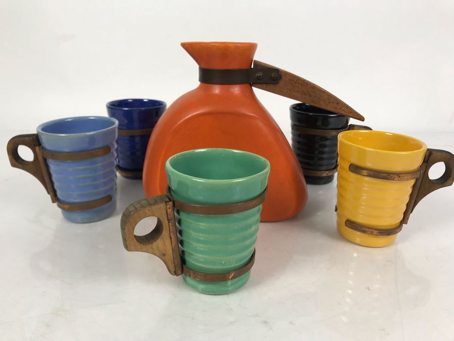 Mid-Century Modern Orange Pitcher 6.5H And Set Of (5) Colored Cups 3.5H All With Wooden And Copper Handles Unsigned Believed To Be Pacific California Pottery [Photo 2]