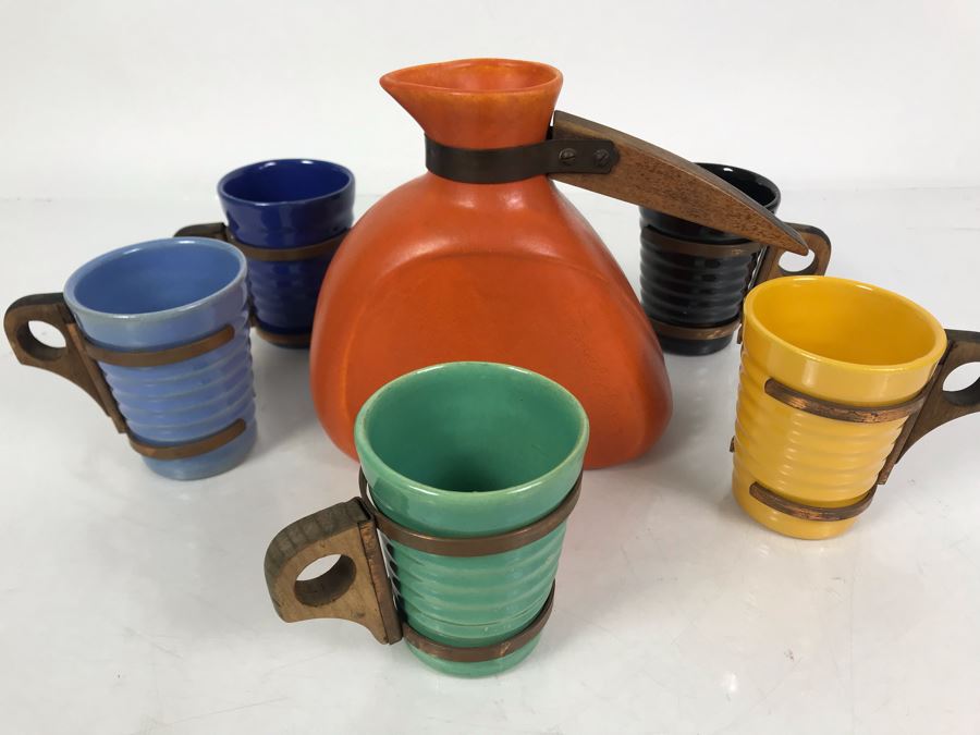 Mid-Century Modern Orange Pitcher 6.5H And Set Of (5) Colored Cups 3.5H All With Wooden And Copper Handles Unsigned Believed To Be Pacific California Pottery [Photo 3]