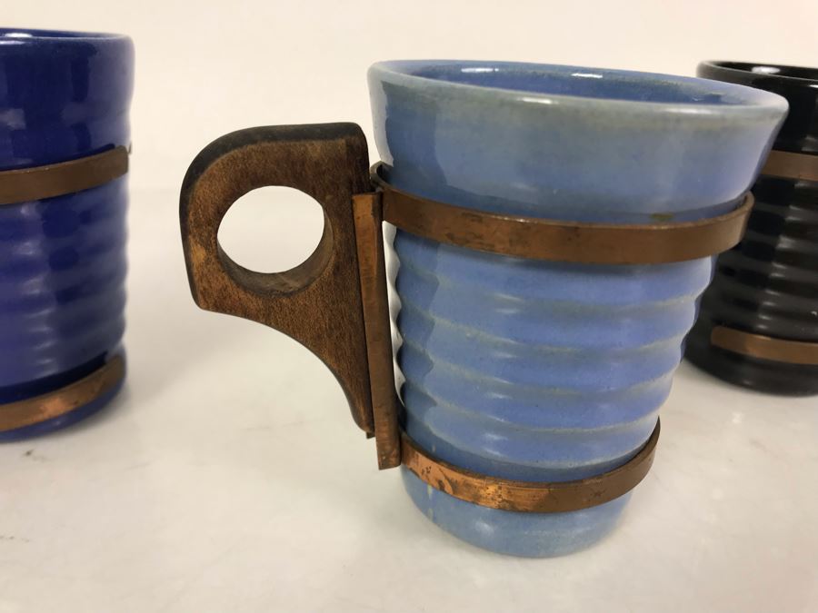Mid-Century Modern Orange Pitcher 6.5H And Set Of (5) Colored Cups 3.5H All With Wooden And Copper Handles Unsigned Believed To Be Pacific California Pottery [Photo 11]