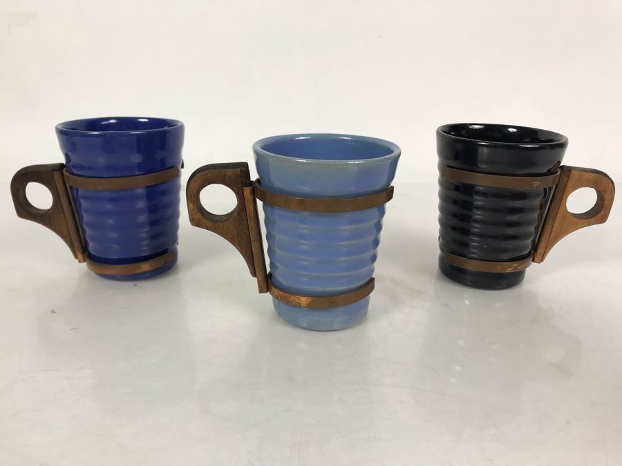 Mid-Century Modern Orange Pitcher 6.5H And Set Of (5) Colored Cups 3.5H All With Wooden And Copper Handles Unsigned Believed To Be Pacific California Pottery [Photo 10]