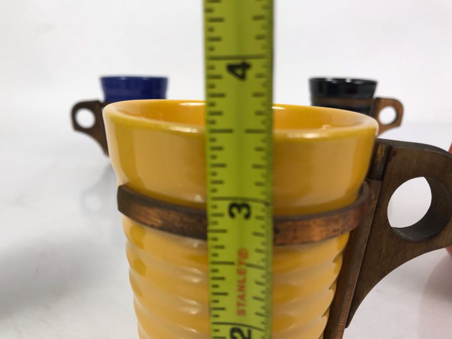 Mid-Century Modern Orange Pitcher 6.5H And Set Of (5) Colored Cups 3.5H All With Wooden And Copper Handles Unsigned Believed To Be Pacific California Pottery [Photo 14]