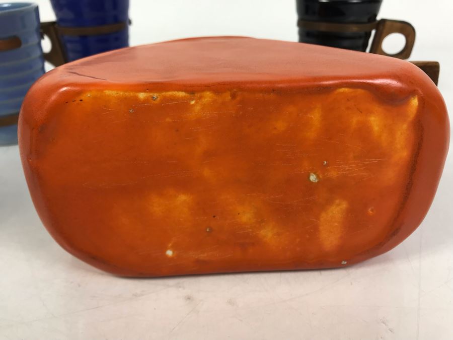 Mid-Century Modern Orange Pitcher 6.5H And Set Of (5) Colored Cups 3.5H All With Wooden And Copper Handles Unsigned Believed To Be Pacific California Pottery [Photo 9]