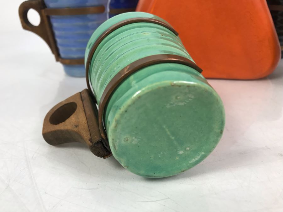 Mid-Century Modern Orange Pitcher 6.5H And Set Of (5) Colored Cups 3.5H All With Wooden And Copper Handles Unsigned Believed To Be Pacific California Pottery [Photo 5]