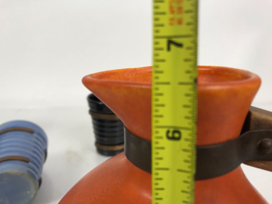 Mid-Century Modern Orange Pitcher 6.5H And Set Of (5) Colored Cups 3.5H All With Wooden And Copper Handles Unsigned Believed To Be Pacific California Pottery [Photo 13]