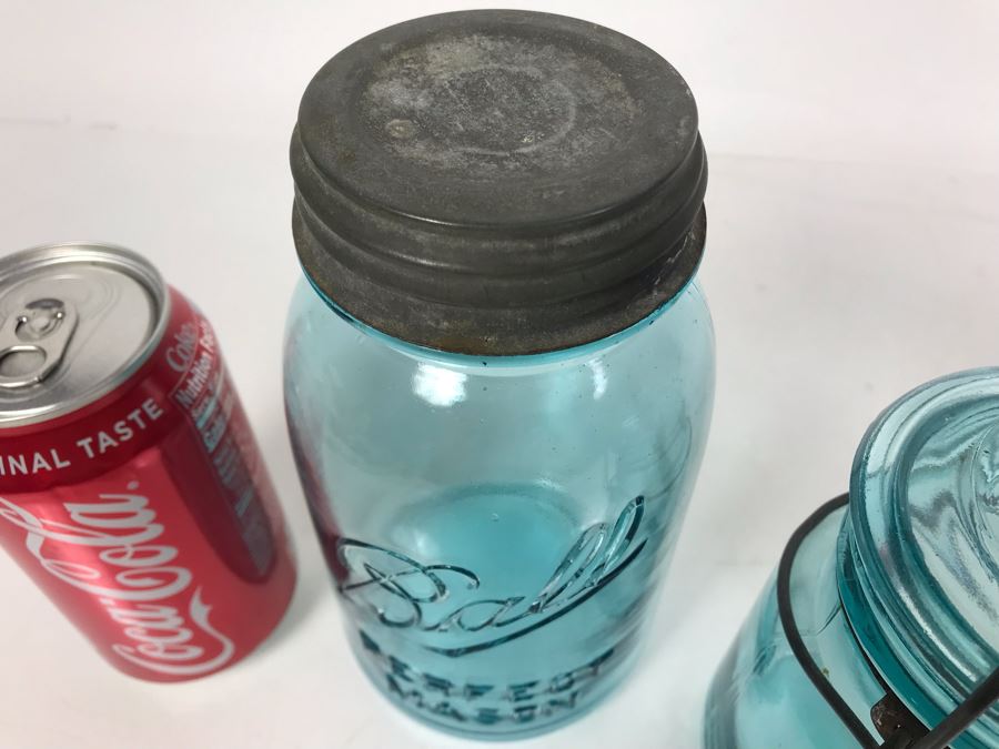 (3) Vintage Blue Colored Ball Jars And (1) Vintage Mason Jar Canning Jars 7H - 6H [Photo 12]