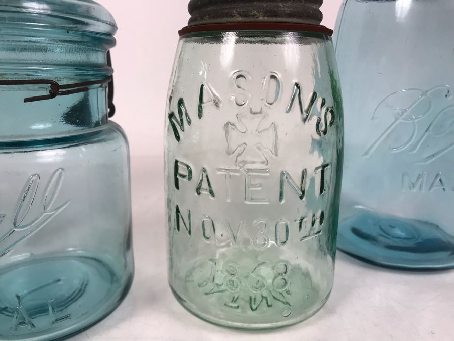 (3) Vintage Blue Colored Ball Jars And (1) Vintage Mason Jar Canning