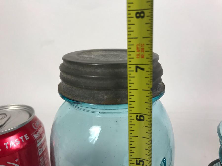 (3) Vintage Blue Colored Ball Jars And (1) Vintage Mason Jar Canning Jars 7H - 6H [Photo 13]