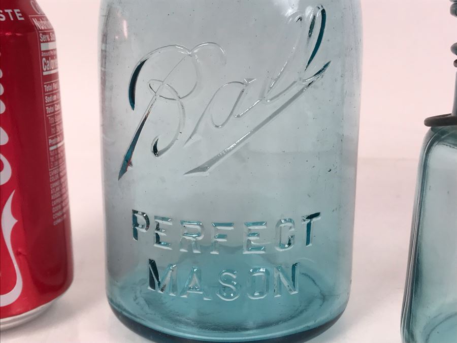 (3) Vintage Blue Colored Ball Jars And (1) Vintage Mason Jar Canning Jars 7H - 6H [Photo 7]