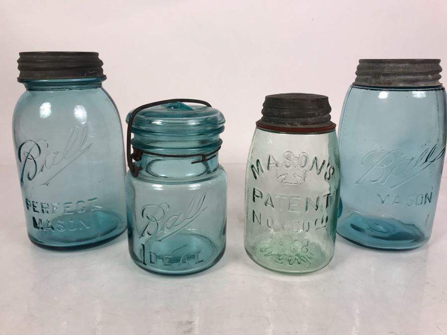 (3) Vintage Blue Colored Ball Jars And (1) Vintage Mason Jar Canning Jars 7H - 6H [Photo 2]