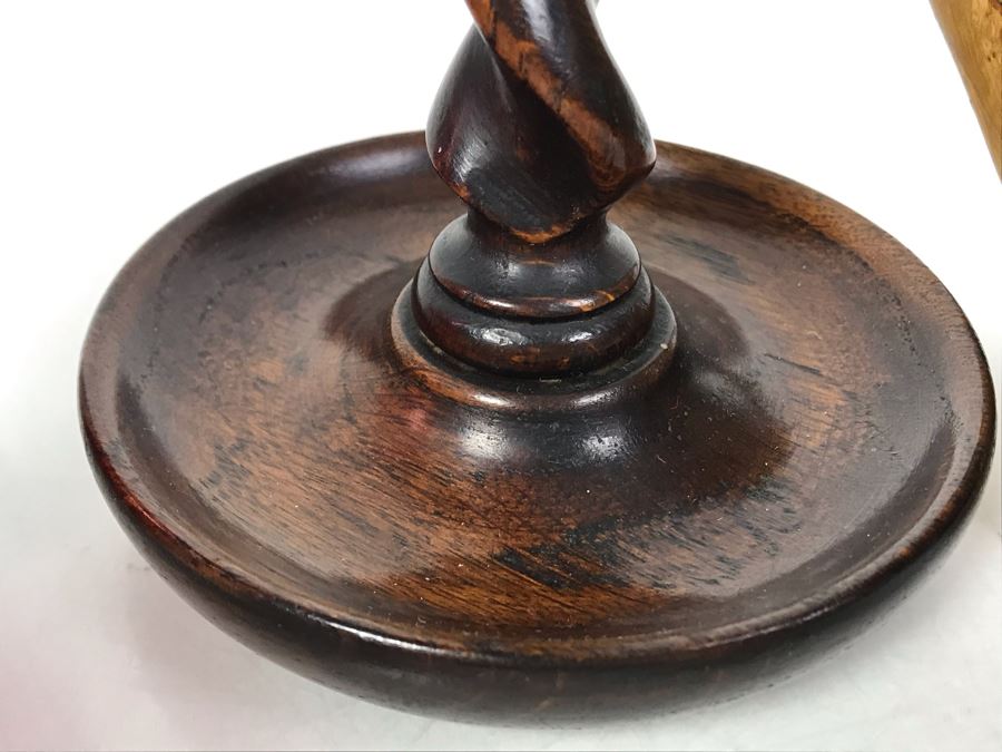 Pair Of Vintage Turned Wooden Barley Twist Candlesticks And Carved Wooden Tree Trunk Basket 6H [Photo 13]