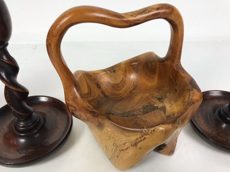 Pair Of Vintage Turned Wooden Barley Twist Candlesticks And Carved Wooden Tree Trunk Basket 6H [Photo 4]