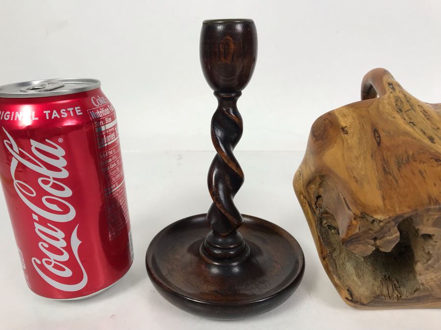 Pair Of Vintage Turned Wooden Barley Twist Candlesticks And Carved Wooden Tree Trunk Basket 6H [Photo 10]