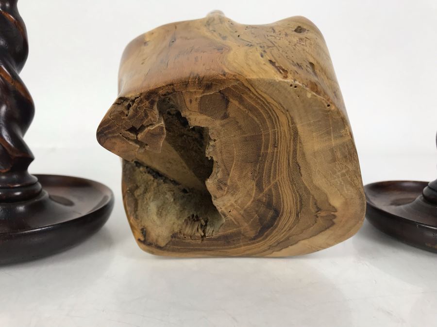 Pair Of Vintage Turned Wooden Barley Twist Candlesticks And Carved Wooden Tree Trunk Basket 6H [Photo 9]