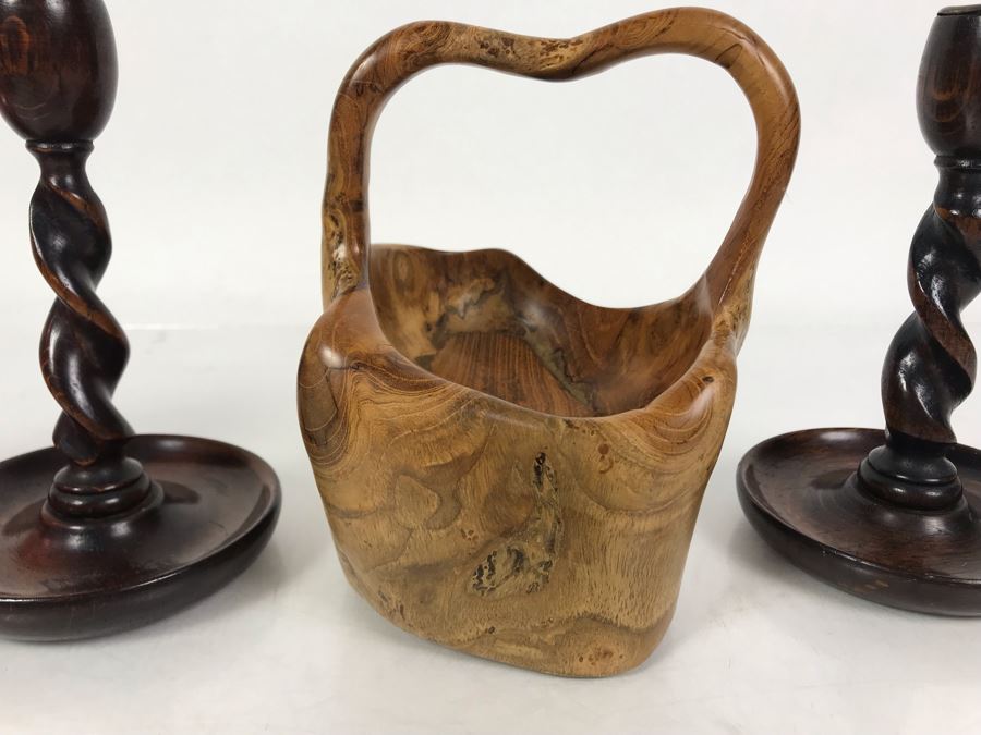 Pair Of Vintage Turned Wooden Barley Twist Candlesticks And Carved Wooden Tree Trunk Basket 6H [Photo 6]