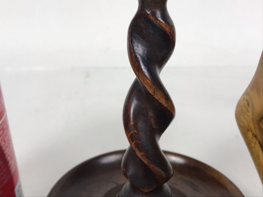 Pair Of Vintage Turned Wooden Barley Twist Candlesticks And Carved Wooden Tree Trunk Basket 6H [Photo 12]