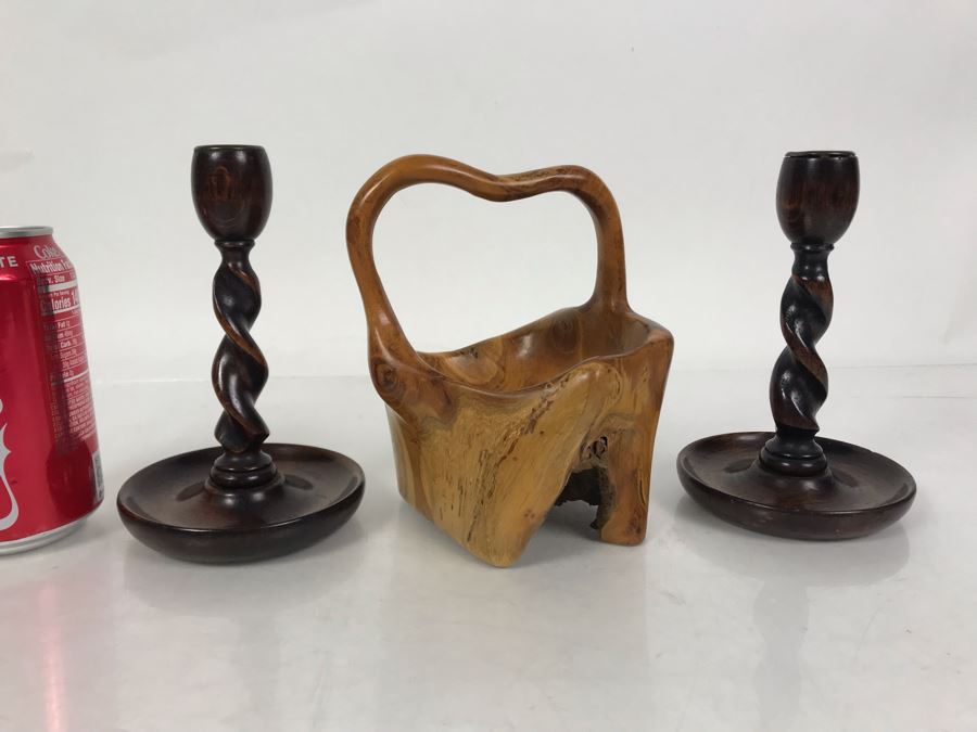 Pair Of Vintage Turned Wooden Barley Twist Candlesticks And Carved Wooden Tree Trunk Basket 6H [Photo 2]