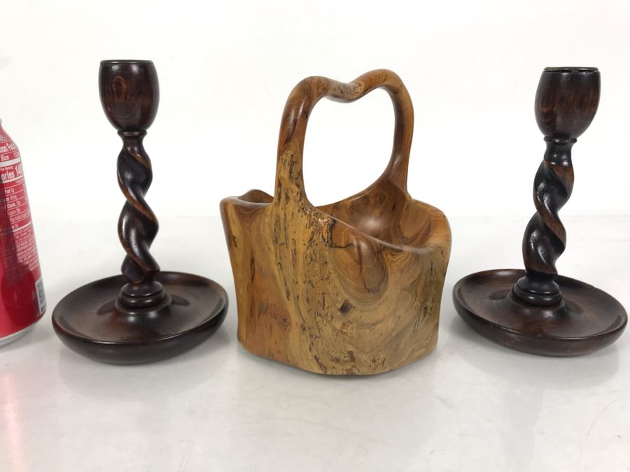 Pair Of Vintage Turned Wooden Barley Twist Candlesticks And Carved Wooden Tree Trunk Basket 6H [Photo 8]