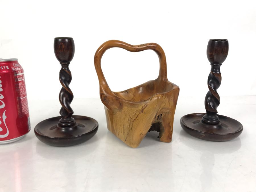 Pair Of Vintage Turned Wooden Barley Twist Candlesticks And Carved Wooden Tree Trunk Basket 6H