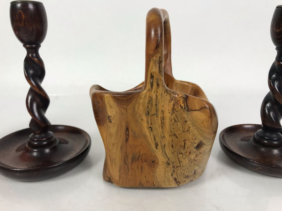 Pair Of Vintage Turned Wooden Barley Twist Candlesticks And Carved Wooden Tree Trunk Basket 6H [Photo 7]