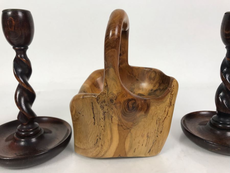 Pair Of Vintage Turned Wooden Barley Twist Candlesticks And Carved Wooden Tree Trunk Basket 6H [Photo 5]