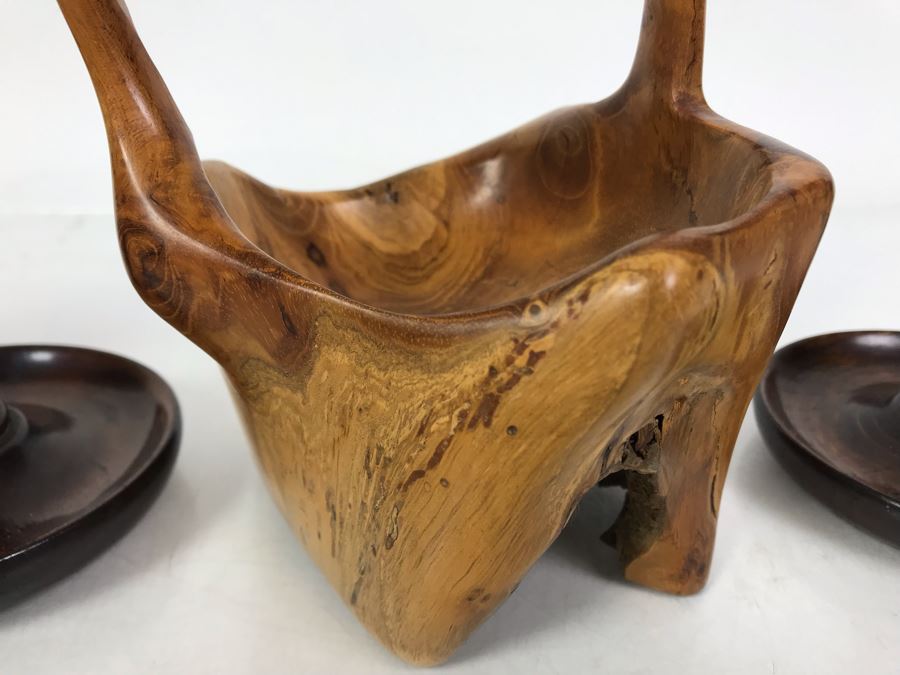 Pair Of Vintage Turned Wooden Barley Twist Candlesticks And Carved Wooden Tree Trunk Basket 6H [Photo 3]