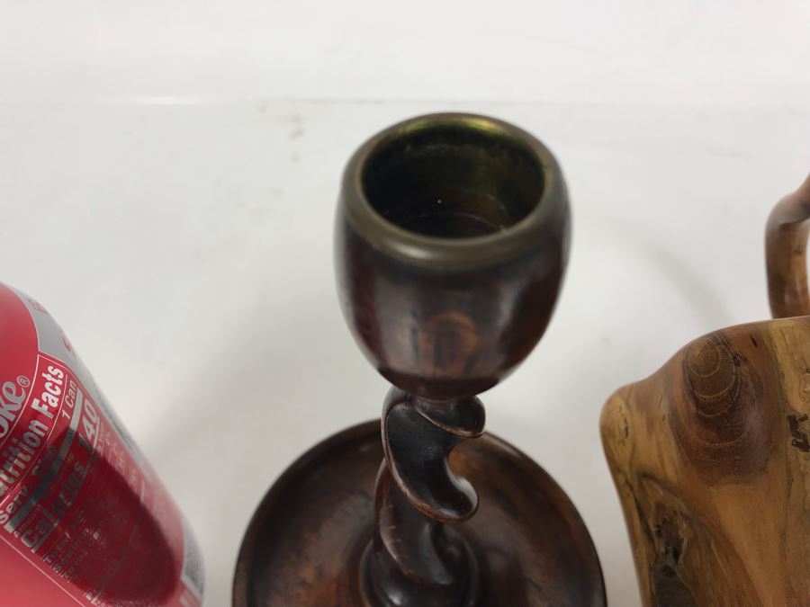 Pair Of Vintage Turned Wooden Barley Twist Candlesticks And Carved Wooden Tree Trunk Basket 6H [Photo 11]