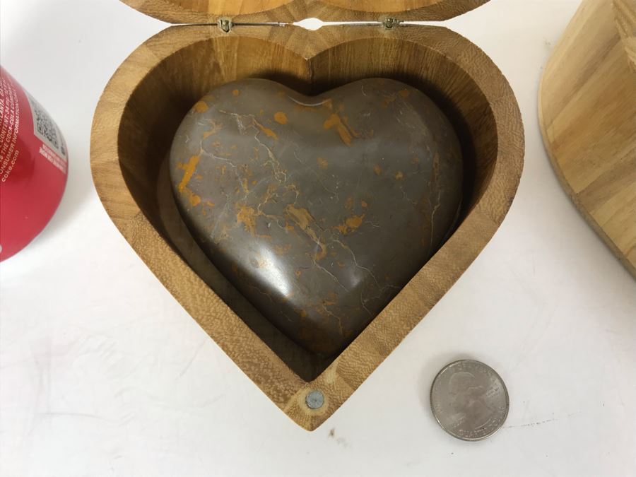 Pair Of Large Carved Stone Hearts In Wooden Heart Shaped Boxes [Photo 10]