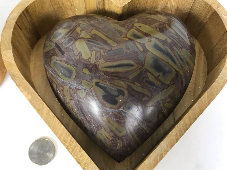 Pair Of Large Carved Stone Hearts In Wooden Heart Shaped Boxes [Photo 4]