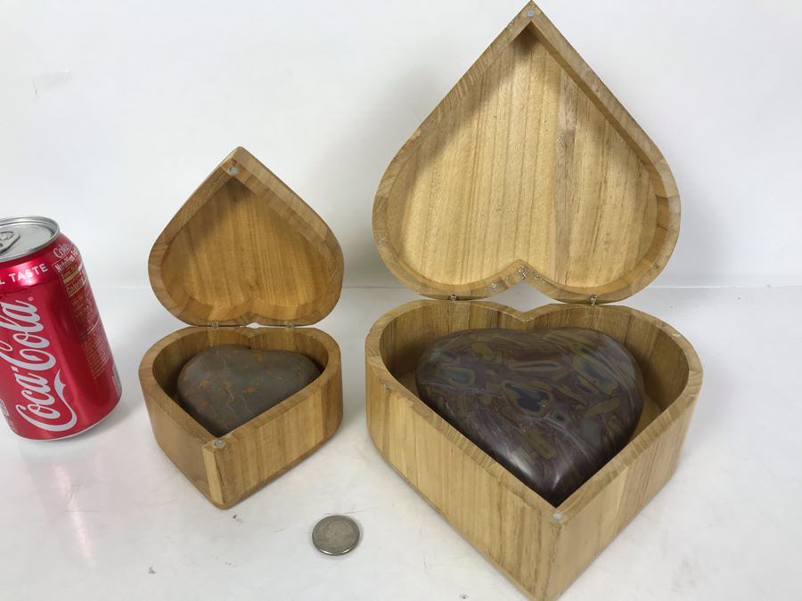 Pair Of Large Carved Stone Hearts In Wooden Heart Shaped Boxes [Photo 3]