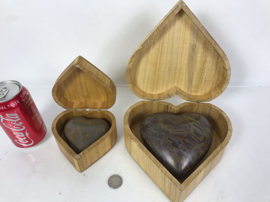 Pair Of Large Carved Stone Hearts In Wooden Heart Shaped Boxes